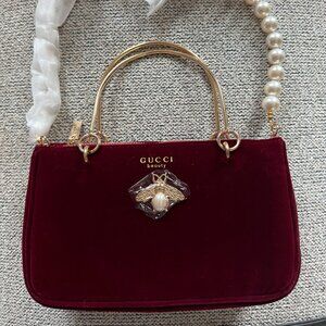 Gucci Beauty GWP Burgundy Velvet Bag Faux Pearl Chain